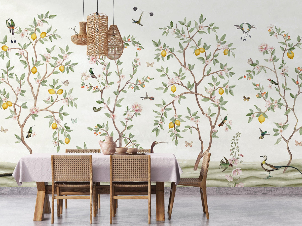 Lemon Tree Chinoiserie - White Wallpaper Mural