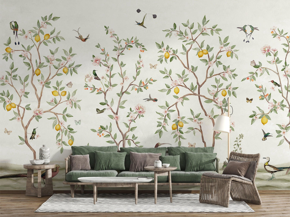 Lemon Tree Chinoiserie - White Wallpaper Mural