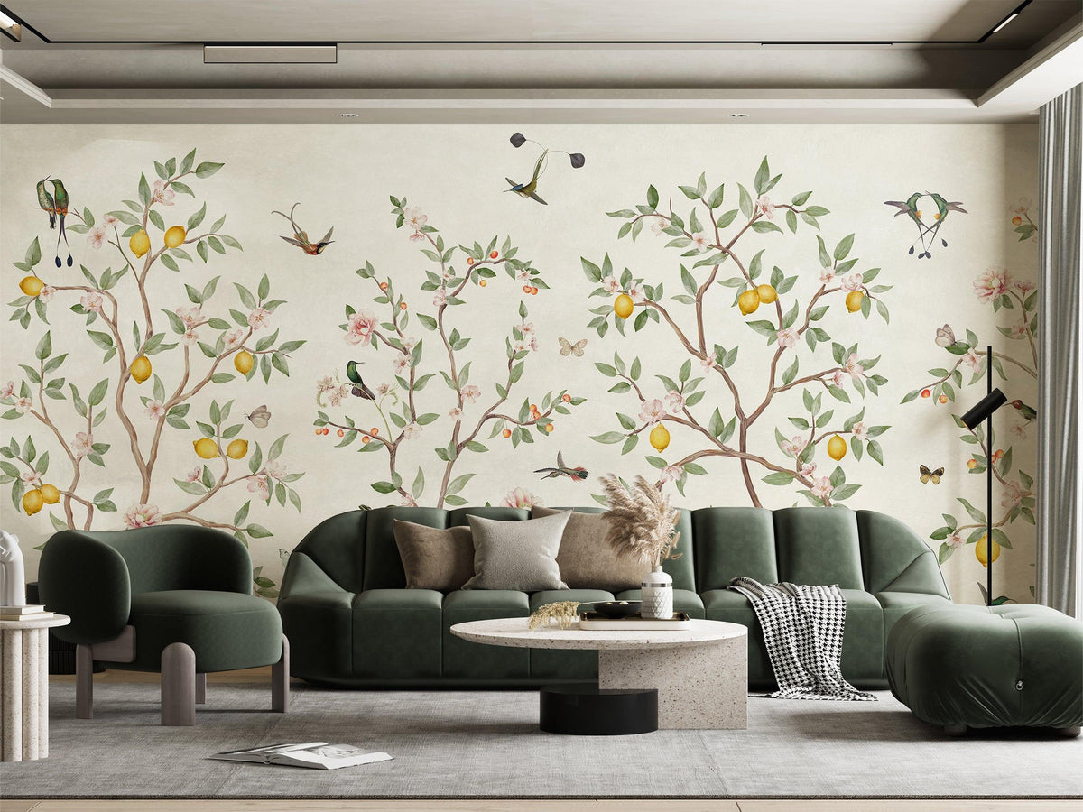 Lemon Tree Chinoiserie - White Wallpaper Mural