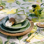 lemonade love placemat round rattan on lemon botanical tablecloth green ceramic plates white napkin green glass bamboo cutlery