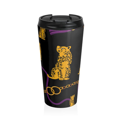 Leopard and Gold Chain Black Stainless Steel Travel Mug - MAIA HOMES