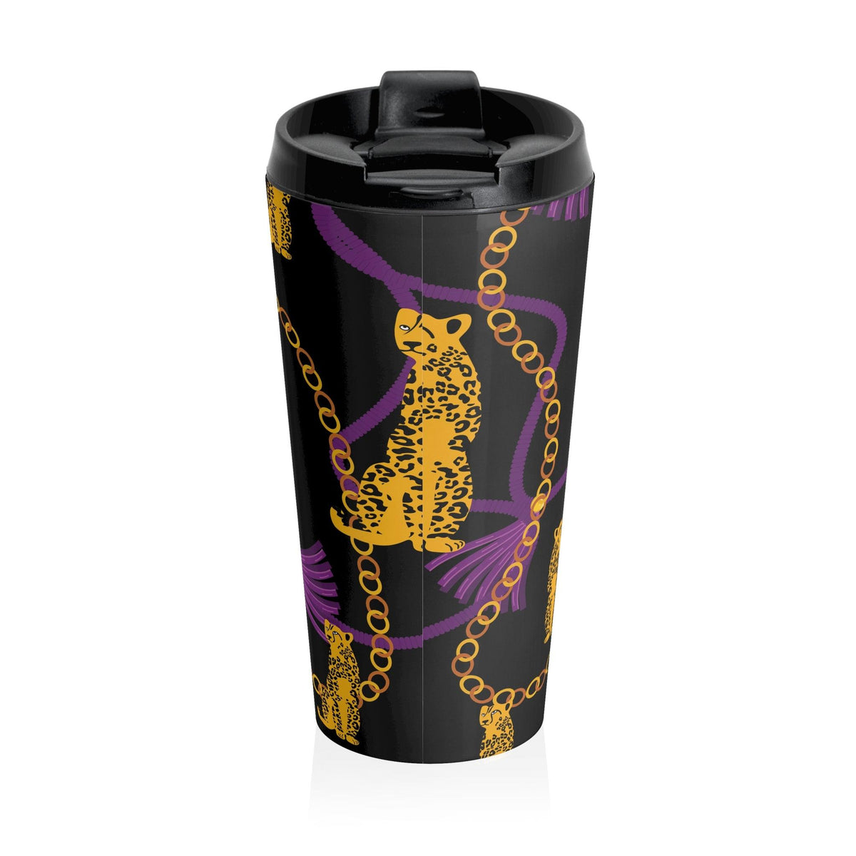 Leopard and Gold Chain Black Stainless Steel Travel Mug