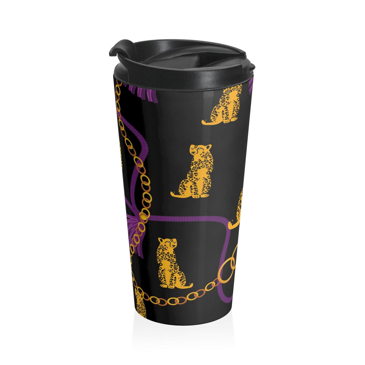 Leopard and Gold Chain Black Stainless Steel Travel Mug