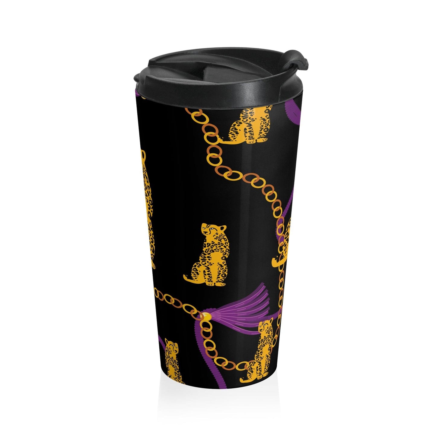Leopard and Gold Chain Black Stainless Steel Travel Mug - MAIA HOMES