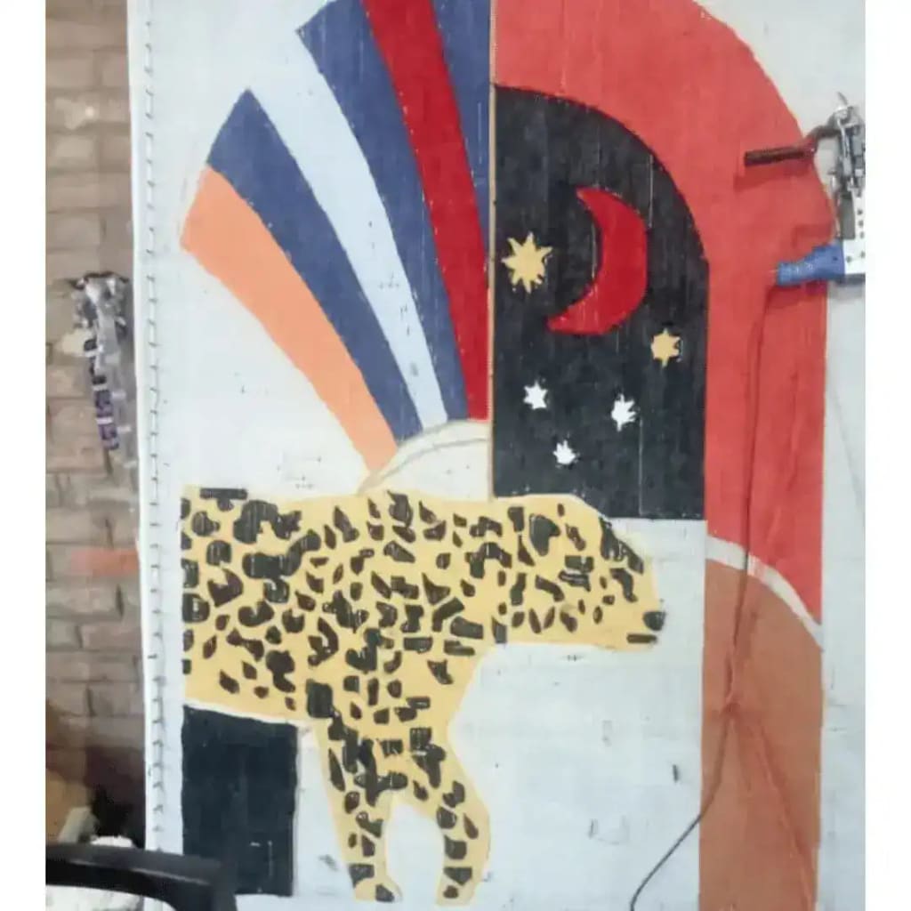 The Leopard Crossing the Sun Hand-Tufted Area Rug in Red features an artistic design with a leopard motif set against bold, abstract patterns. Perfect for adding a touch of elegance to formal dining room rugs and dining room carpets, this wool rug combines style with functionality. Ideal for enhancing the ambiance of any dining room setting.