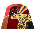 The Leopard Crossing the Sun Hand-Tufted Area Rug in vibrant red showcases a striking design with a leopard and abstract celestial elements. Perfect for adding a bold statement to formal dining room rugs or as a unique wool rug in your dining room setting.