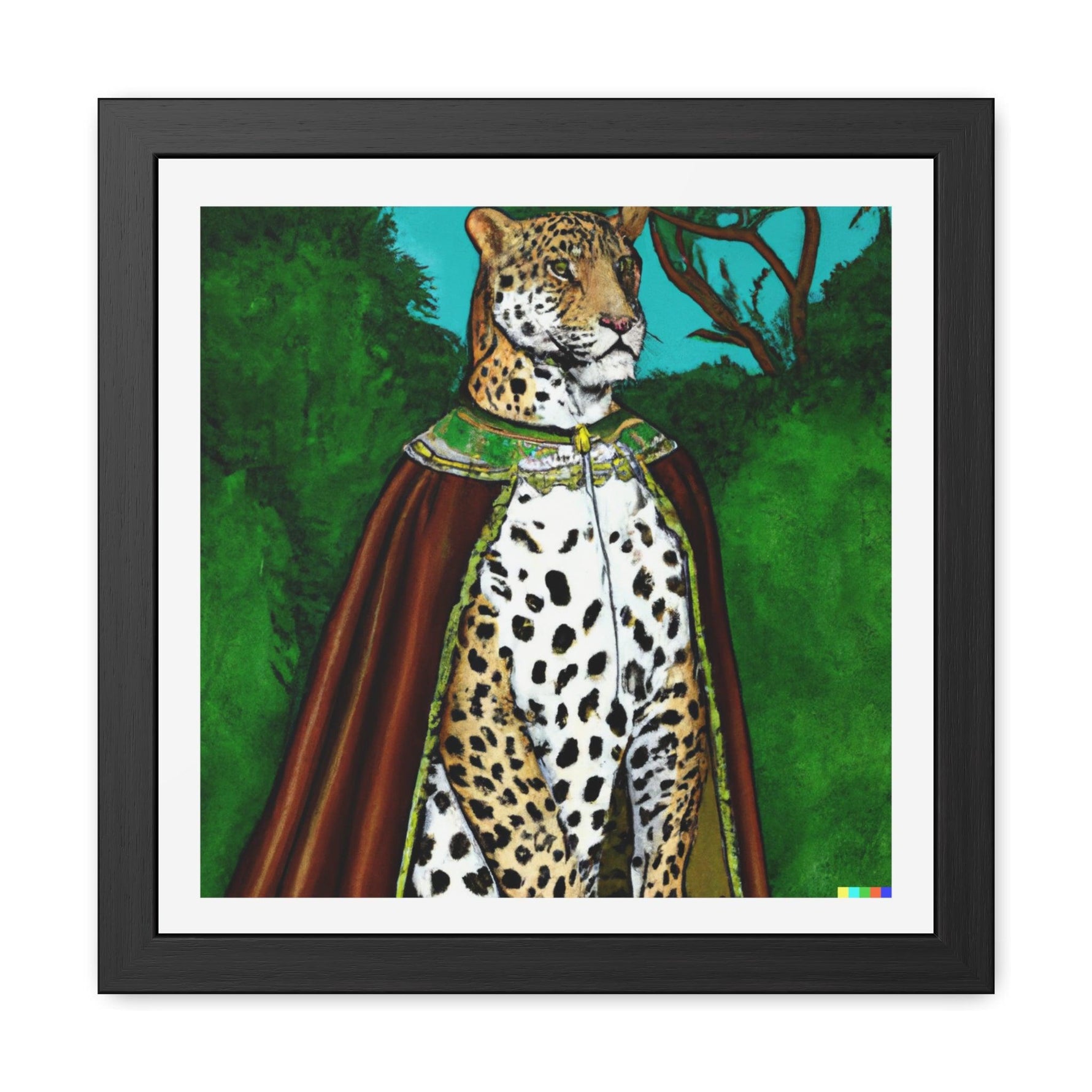 Leopard in Red Robe Framed Poster Wall Art 16″ x 16″ (Square) Semi Glossy