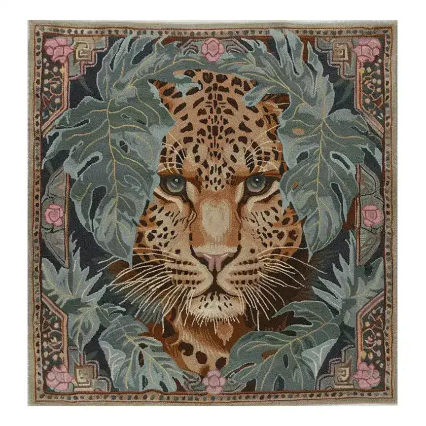 Vibrant Leopard Legacy Wool Hand Knotted Area Rug featuring a striking leopard face surrounded by lush foliage. This square area rug is perfect for adding a touch of the wild to your bedroom or living room. Ideal as a wool rug for those seeking unique rugs for bedroom or rugs for living room.