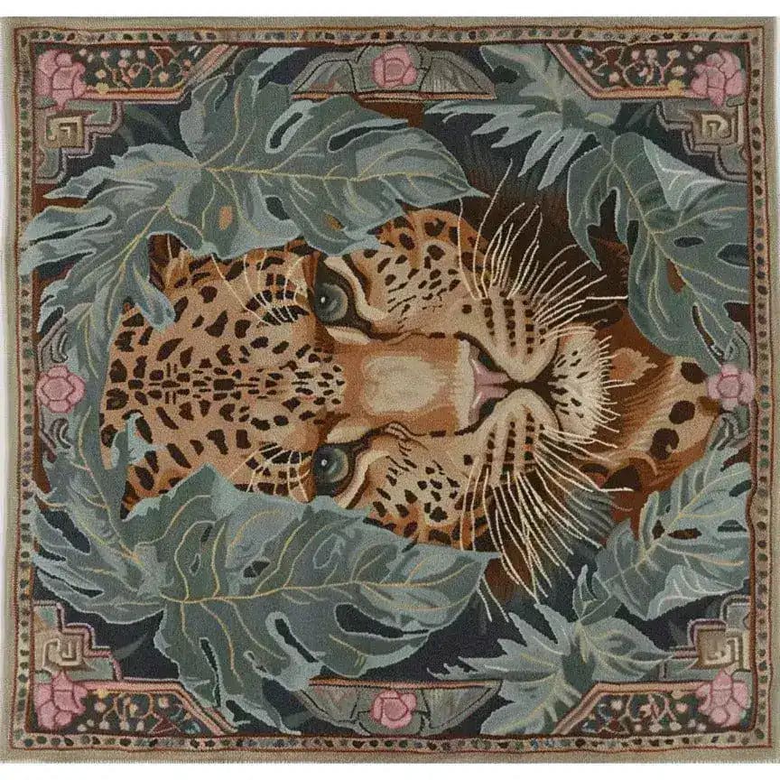 A stunning hand-knotted wool area rug featuring a detailed leopard design surrounded by lush green leaves. Perfect for adding a touch of nature and elegance to your bedroom or living room, this square area rug blends art with comfort, making it an ideal choice for rugs in both living room and bedroom settings.