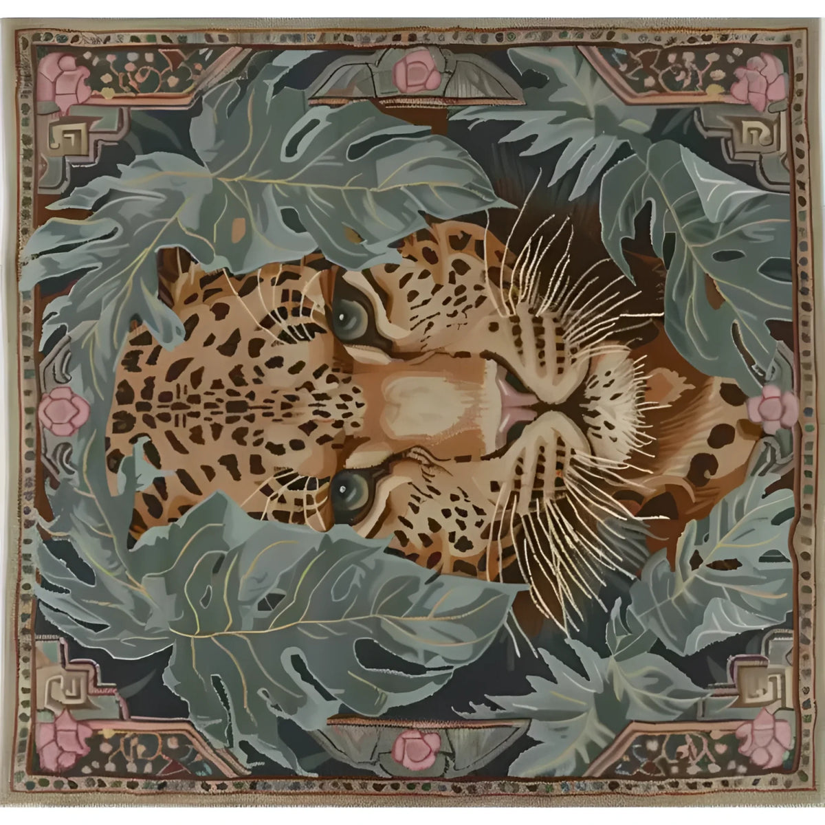 A stunning hand-knotted wool area rug featuring a detailed leopard design surrounded by lush green leaves. Perfect for adding a touch of nature and elegance to your bedroom or living room, this square area rug blends art with comfort, making it an ideal choice for rugs in both living room and bedroom settings.
