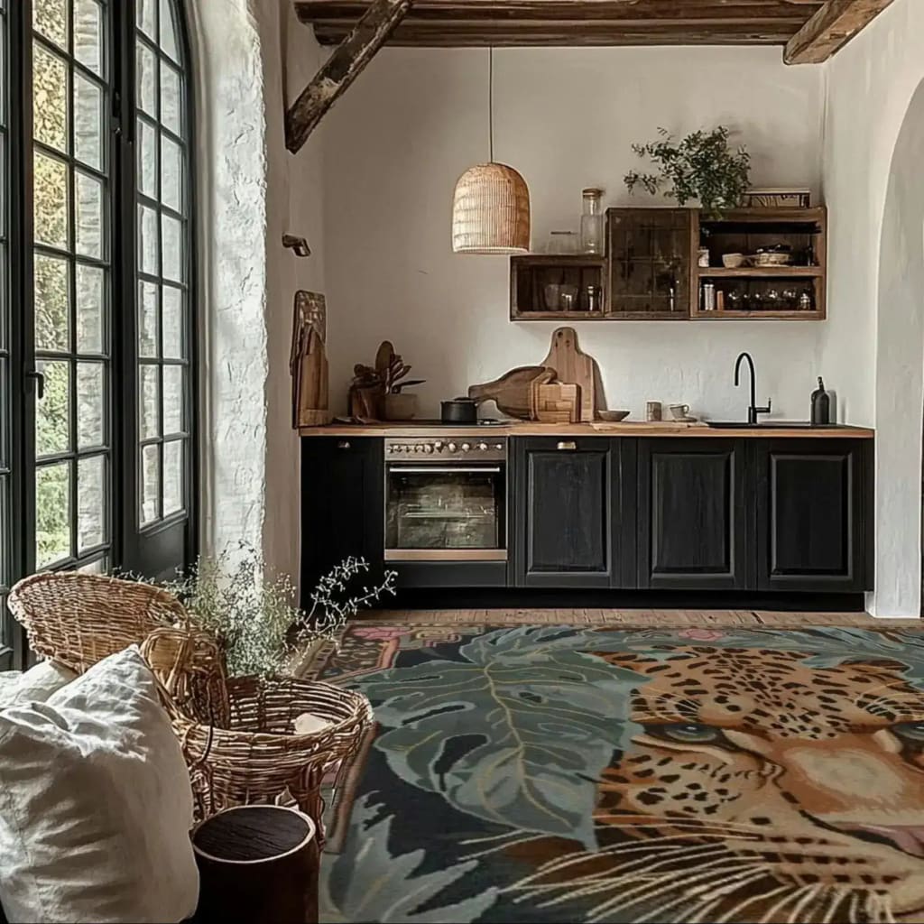 A stylish living room featuring a Leopard Legacy Wool Hand Knotted Area Rug. This square area rug showcases a striking leopard design, adding a touch of luxury to both bedrooms and living rooms. Perfect for those seeking a unique wool rug, this piece enhances the aesthetic of any space with its rich textures and artistic flair.