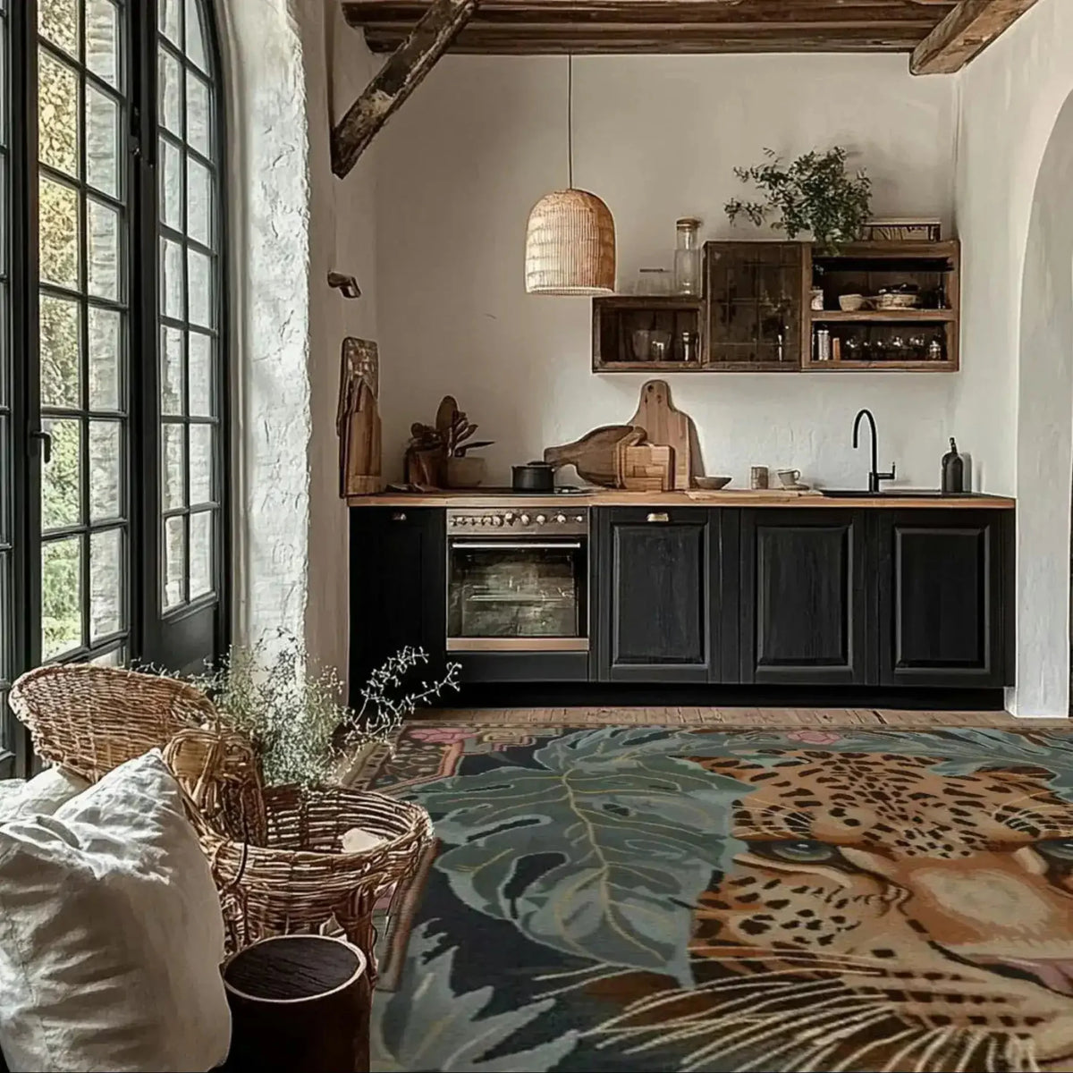 A stylish living room featuring a Leopard Legacy Wool Hand Knotted Area Rug. This square area rug showcases a striking leopard design, adding a touch of luxury to both bedrooms and living rooms. Perfect for those seeking a unique wool rug, this piece enhances the aesthetic of any space with its rich textures and artistic flair.