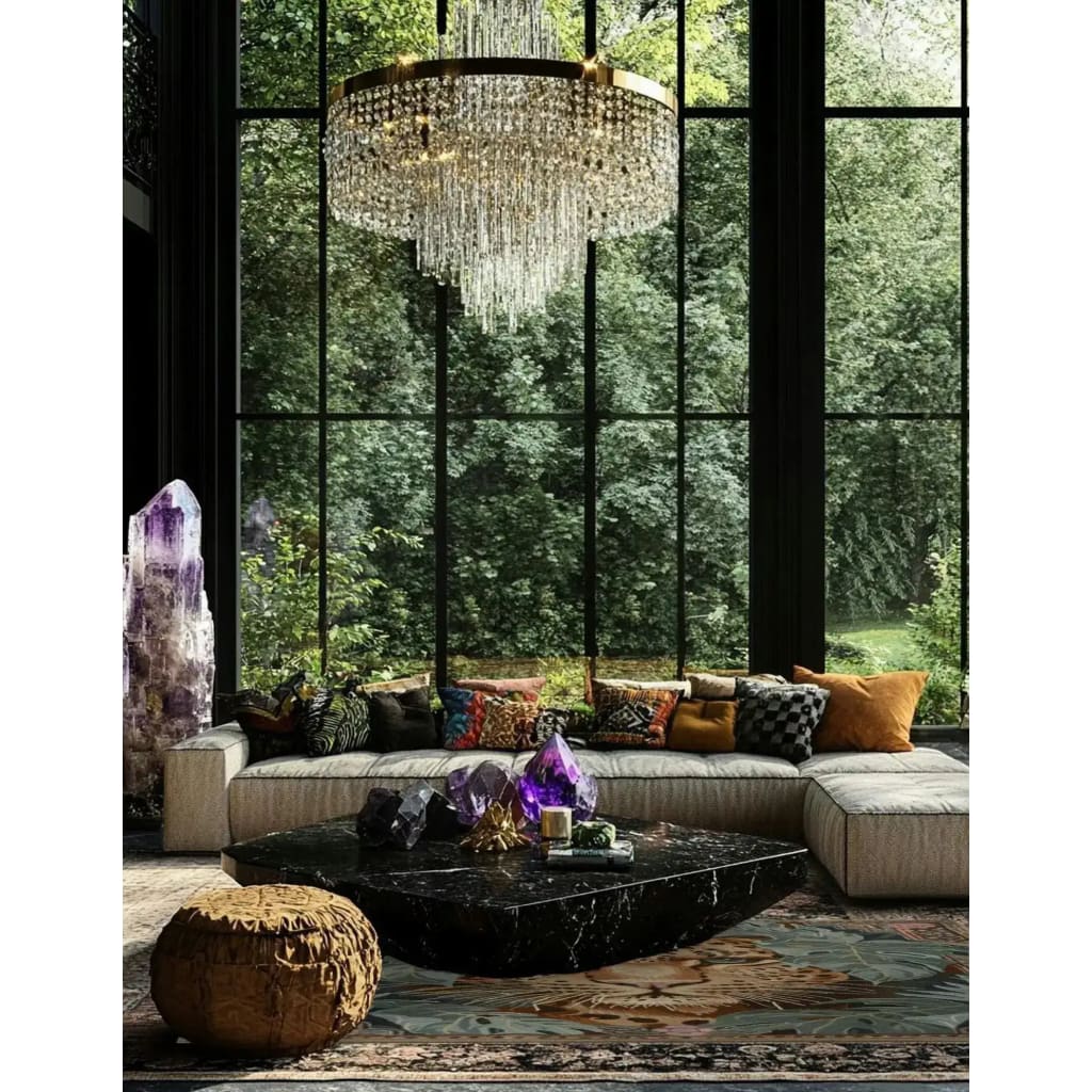 A luxurious living room featuring a Leopard Legacy Wool Hand Knotted Area Rug under a stylish black marble coffee table. The square area rug adds warmth and elegance to the space, perfect for both living room and bedroom settings. Surrounded by a plush sectional sofa adorned with colorful cushions, and set against a backdrop of large windows showcasing a lush green outdoor view, the wool rug enhances the cozy ambiance.