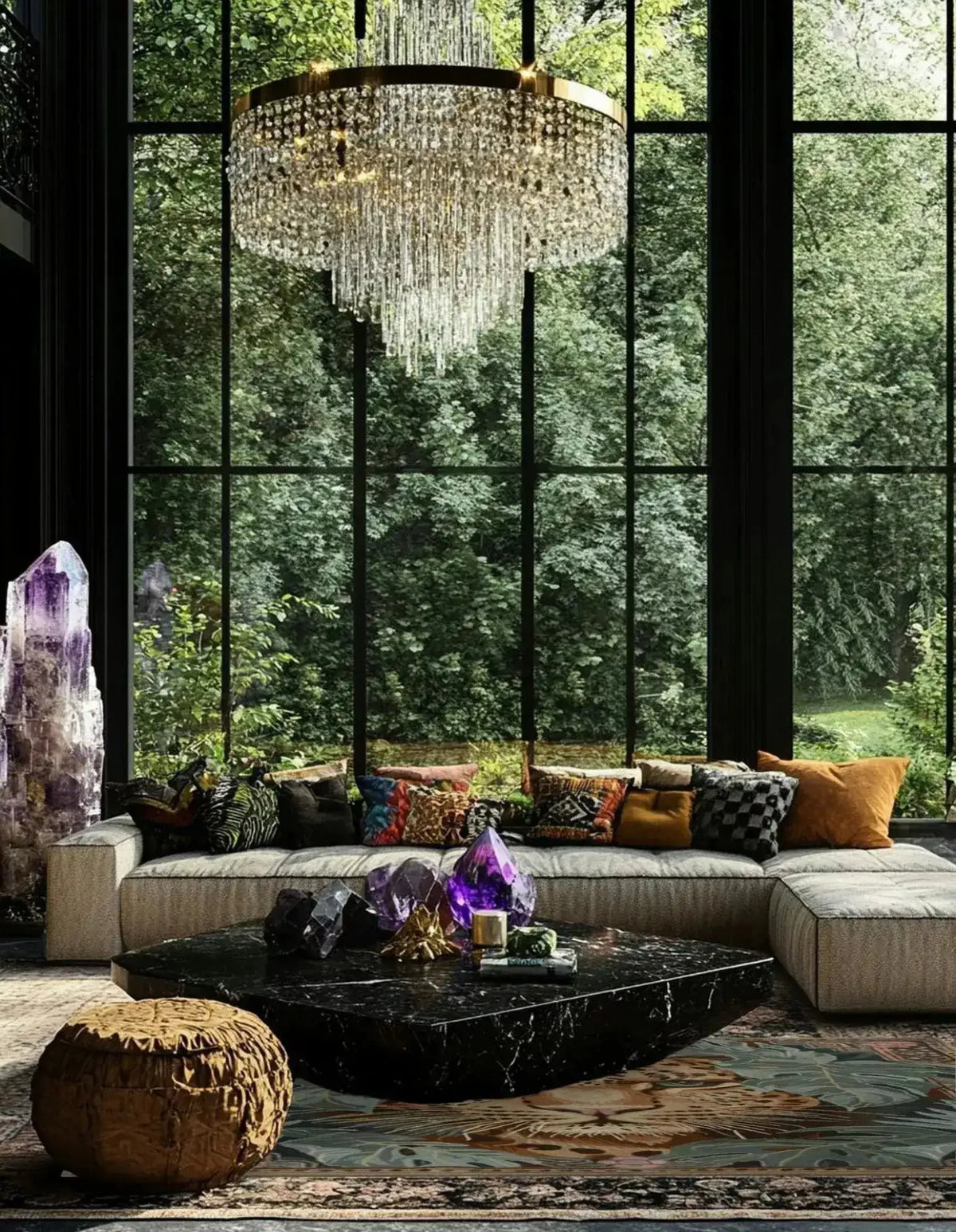 A luxurious living room featuring a Leopard Legacy Wool Hand Knotted Area Rug under a stylish black marble coffee table. The square area rug adds warmth and elegance to the space, perfect for both living room and bedroom settings. Surrounded by a plush sectional sofa adorned with colorful cushions, and set against a backdrop of large windows showcasing a lush green outdoor view, the wool rug enhances the cozy ambiance.