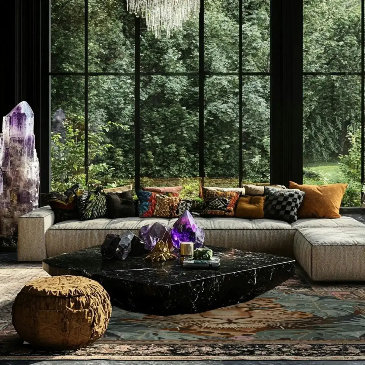 Luxurious living room featuring a Leopard Legacy wool hand-knotted square area rug. The rug adds elegance to the space, perfectly complementing the plush sofa and decorative pillows. Ideal for both bedroom and living room settings, this wool rug enhances the cozy ambiance with its intricate design.