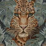 Vibrant Leopard Legacy Wool Hand Knotted Area Rug featuring a striking leopard design surrounded by lush leaves. This square area rug is perfect for adding a touch of exotic elegance to your bedroom or living room. Crafted from high-quality wool, this rug offers both durability and style for any space.