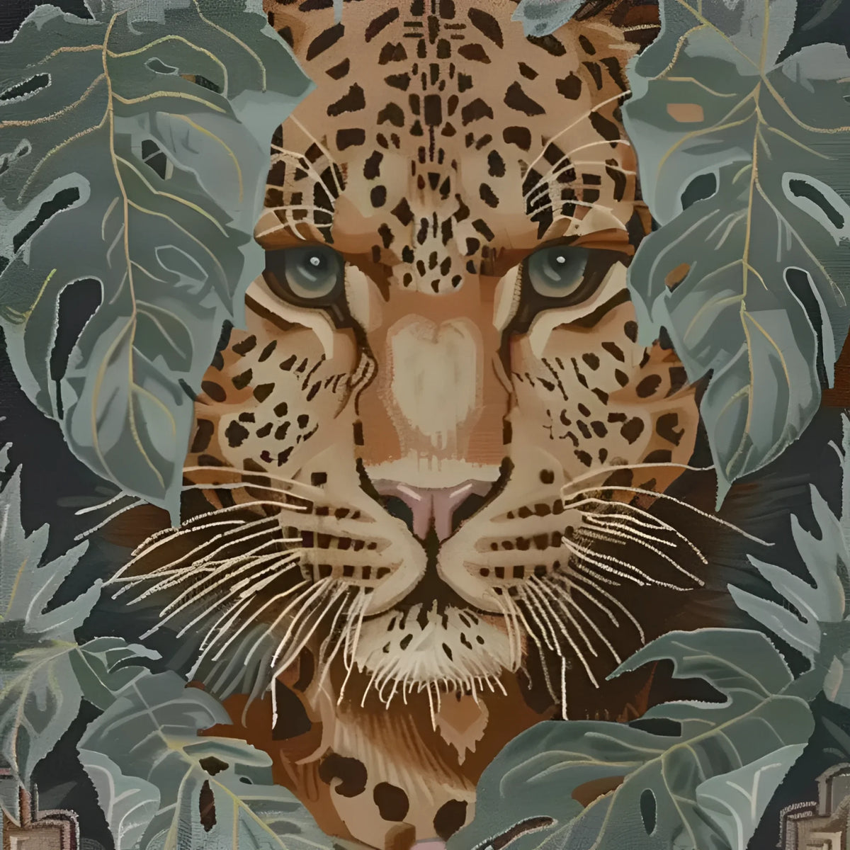 Vibrant Leopard Legacy Wool Hand Knotted Area Rug featuring a striking leopard design surrounded by lush leaves. This square area rug is perfect for adding a touch of exotic elegance to your bedroom or living room. Crafted from high-quality wool, this rug offers both durability and style for any space.