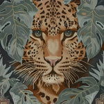 Vibrant Leopard Legacy Wool Hand Knotted Area Rug featuring a striking leopard design surrounded by lush leaves. This square area rug is perfect for adding a touch of exotic elegance to your bedroom or living room. Crafted from high-quality wool, this rug offers both durability and style for any space.