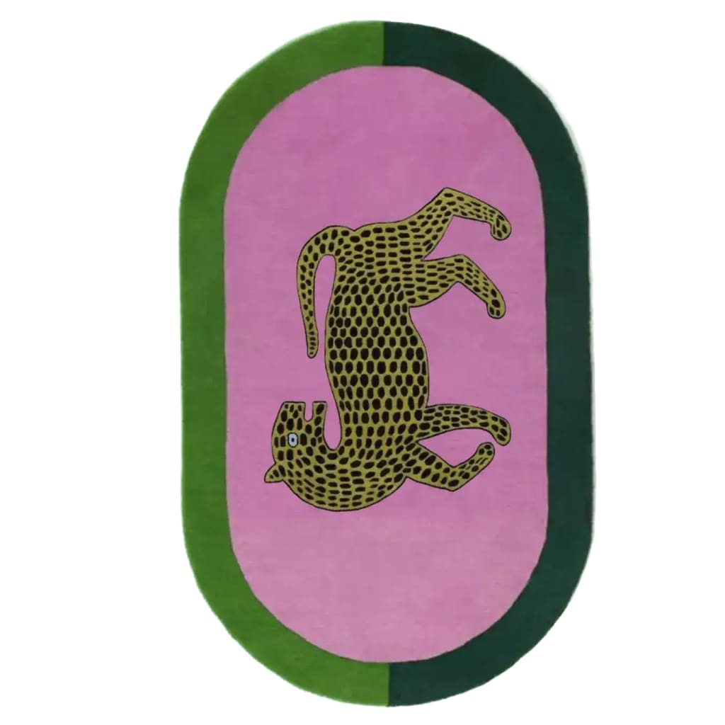 A vibrant hand-tufted wool area rug featuring a leopard design on a pink oval background, surrounded by a green border. Perfect for adding a bold statement to large living room rugs or as a stylish addition to a bedroom. This unique wool rug is ideal for those seeking distinctive area rugs for living room settings.