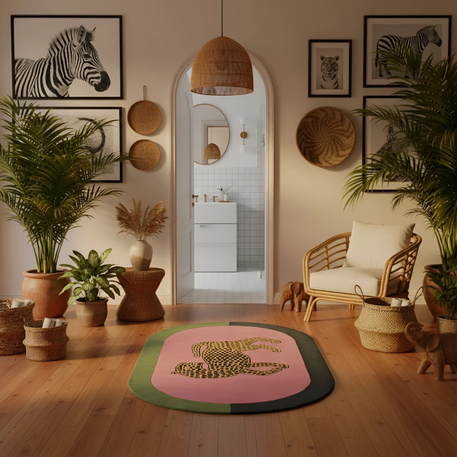 Living room with a leopard rug, plants, and wall art featuring animals.