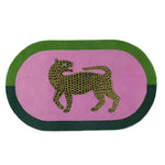 Vibrant and eye-catching, this Leopard on Pink Oval Hand Tufted Wool Rug is perfect for adding a pop of color to large living room spaces or bedrooms. The intricate design features a stylized leopard on a bold pink background, bordered by green, making it an ideal wool rug for enhancing modern area rugs for living room settings.