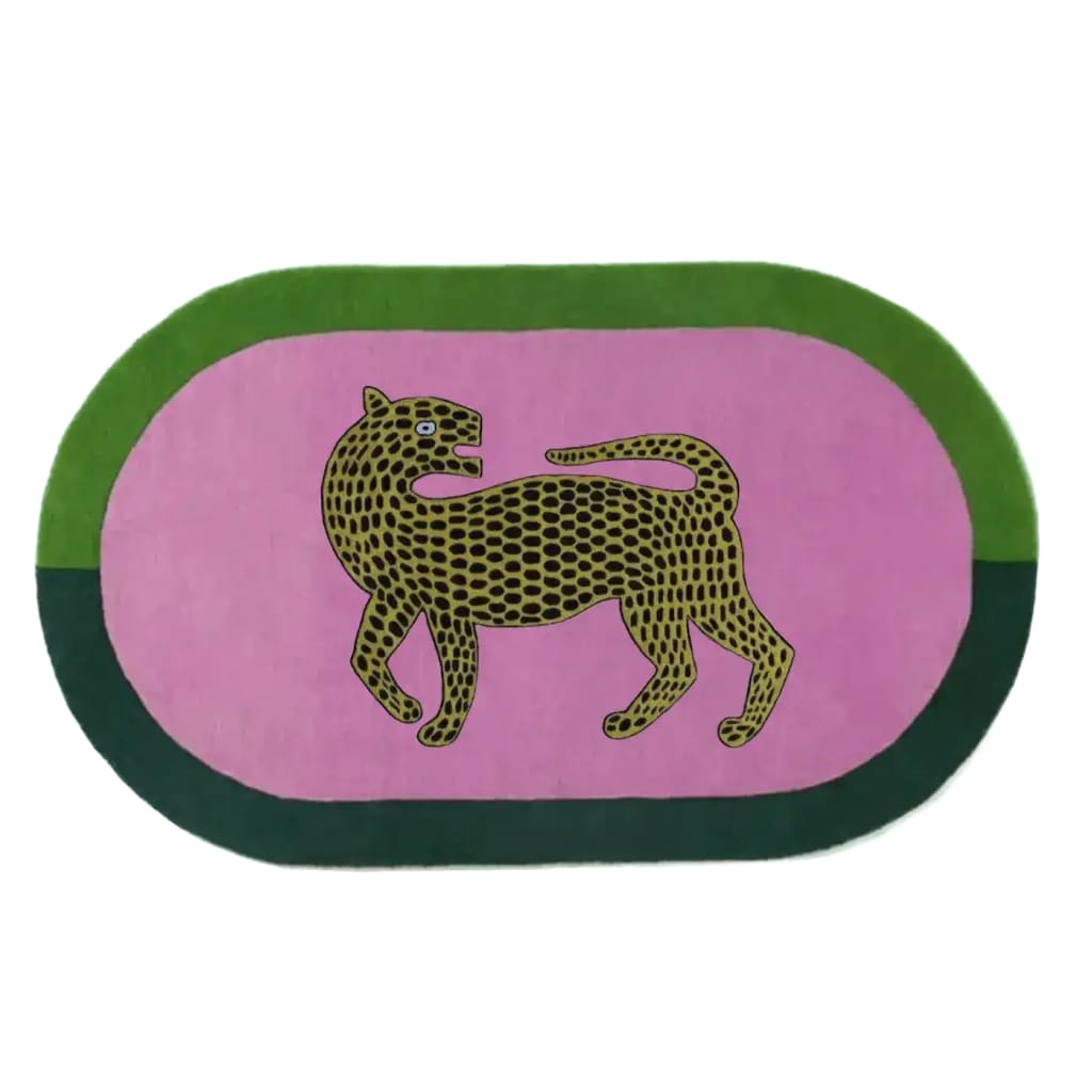 Vibrant and eye-catching, this Leopard on Pink Oval Hand Tufted Wool Rug is perfect for adding a pop of color to large living room spaces or bedrooms. The intricate design features a stylized leopard on a bold pink background, bordered by green, making it an ideal wool rug for enhancing modern area rugs for living room settings.