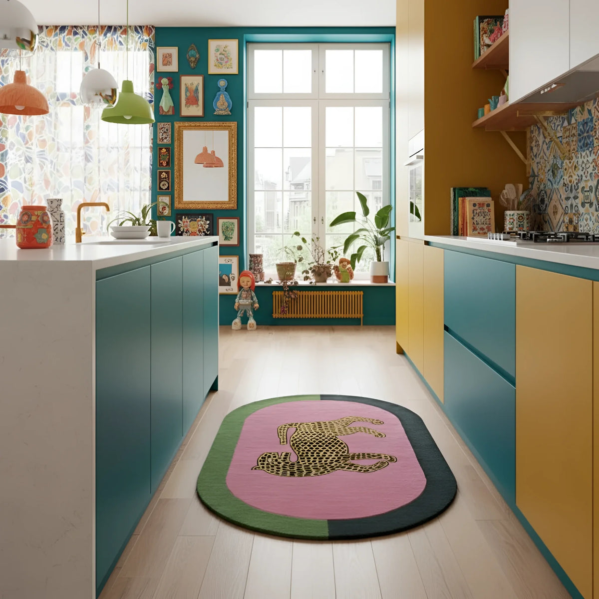 Colorful kitchen with teal and yellow cabinets, a pink tiger wool rug with a leopard design, and decorative elements.