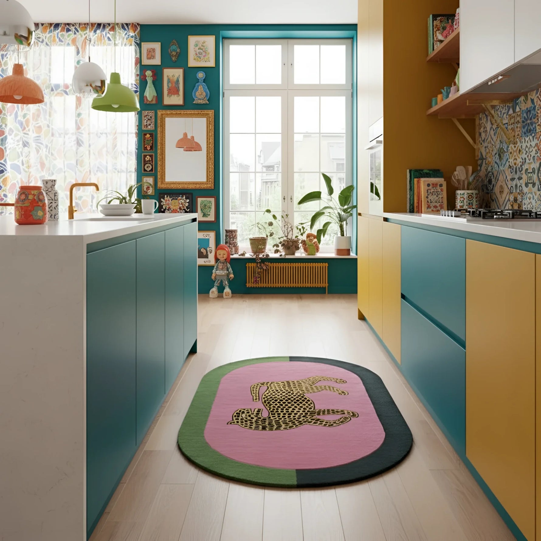 Colorful kitchen with teal and yellow cabinets, a pink tiger wool rug with a leopard design, and decorative elements.