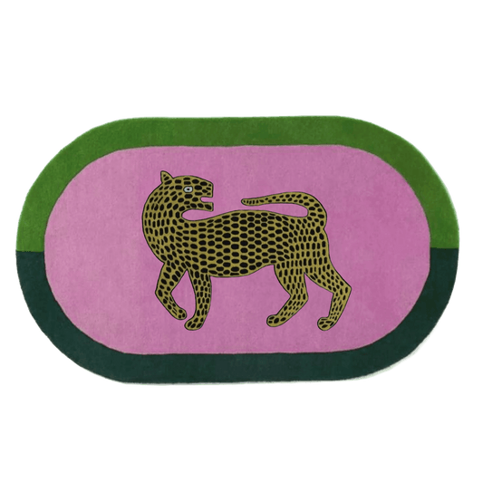 Leopard on Pink Oval Hand Tufted Wool Rug - MAIA HOMES