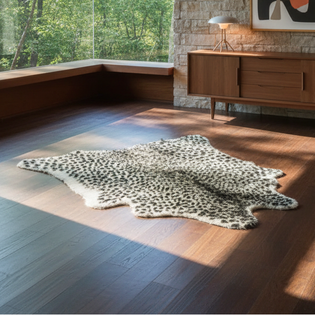 A natural cowhide area rug with a black and white leopard-like pattern, styled on a dark wood floor in a modern living room with a mid-century sideboard and stone wall.