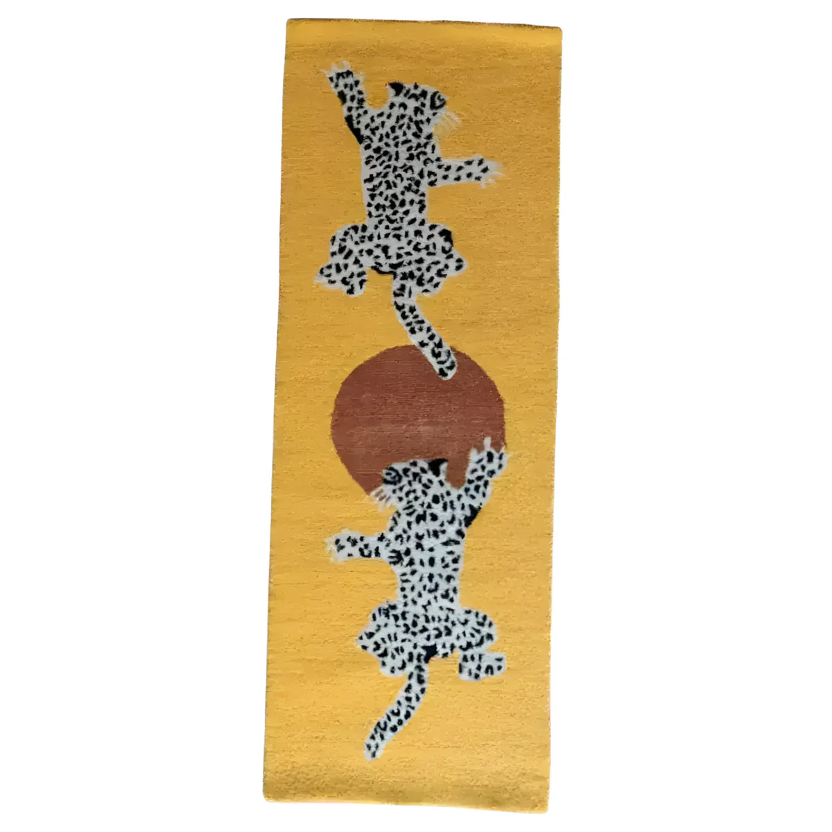 Leopards on Silk Road Tufted Wool Rug Runner featuring two leopards playfully positioned over a sun motif on a vibrant mustard background. Perfect as an area rug for the kitchen, hallway runner rug, dining room area rugs, or as a stylish wool rug for living room and dining room decor. Ideal for adding a touch of exotic elegance to any space, including as kitchen runner rugs or bathroom runner rug.