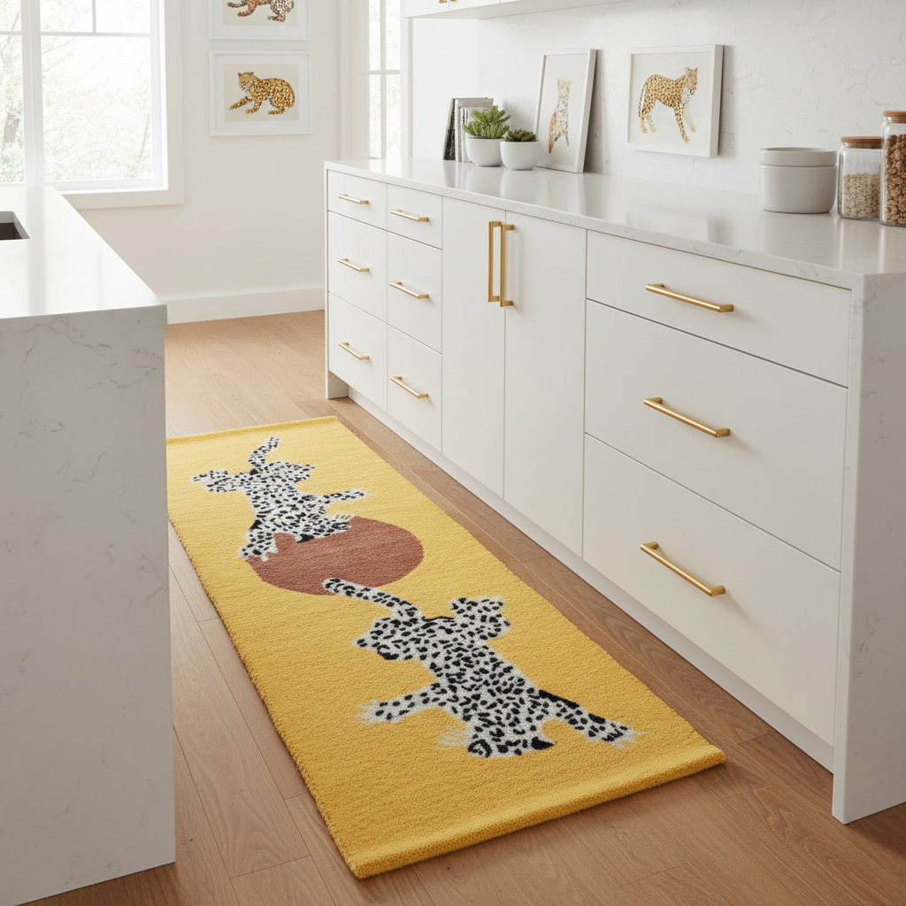 Yellow rug with animal design on a wooden floor in a kitchen.
