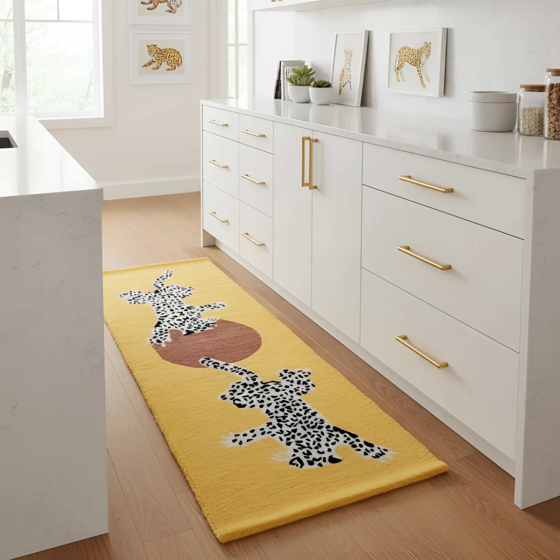 Yellow rug with animal design on a wooden floor in a kitchen.
