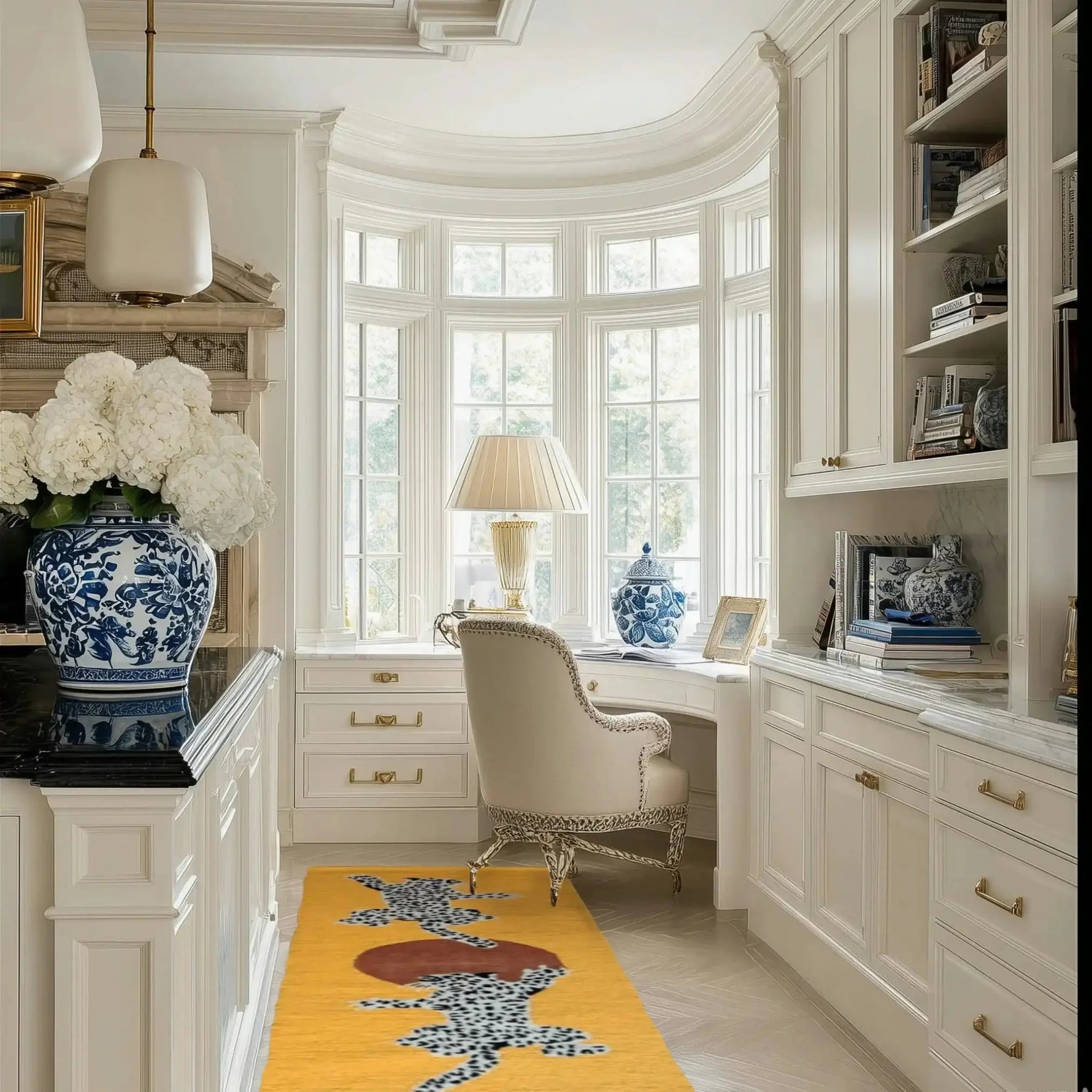 Elegant room with a 'Leopards on Silk Road Tufted Wool Rug Runner', showcasing a vibrant area rug featuring leopard designs on a rich yellow background. Perfect for adding a unique touch to kitchen rugs, hallway runner rug, or dining room decor. The wool rug enhances the luxurious feel of the space with its artistic pattern, ideal for living room and dining room rugs.