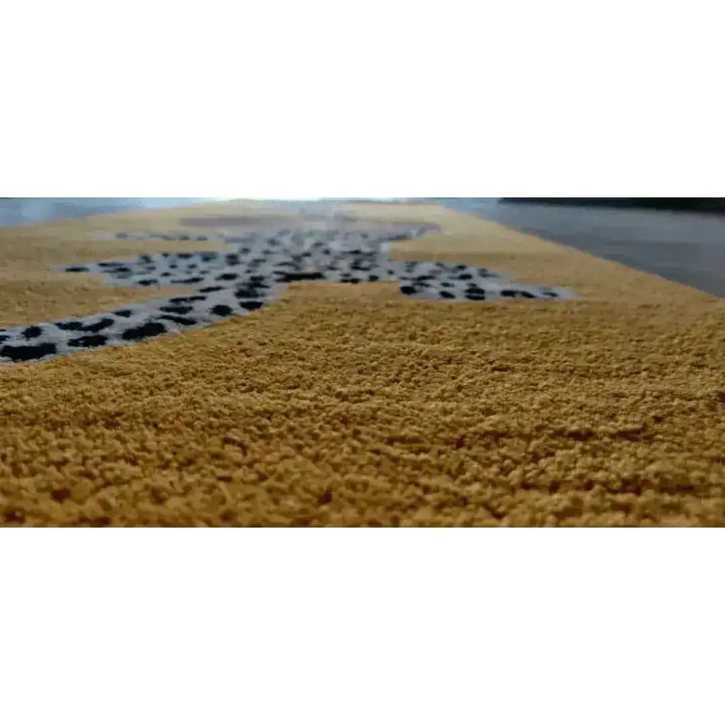 Close-up view of a luxurious tufted wool rug runner with a leopard design, perfect for enhancing your living space. Ideal as an area rug in the kitchen, hallway, dining room, or bathroom. This elegant wool rug runner adds warmth and style to any dining room or living area.