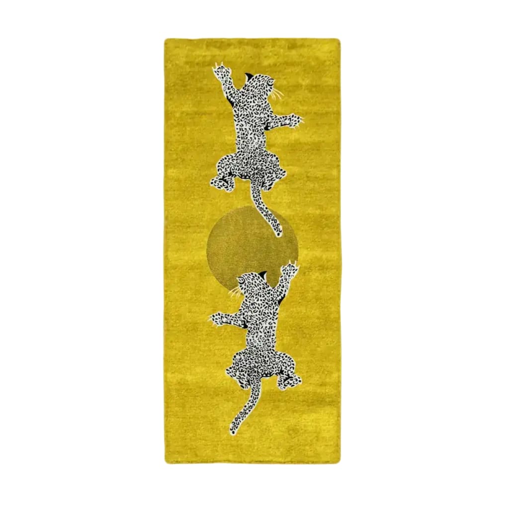 Hand-tufted wool rug runner showcasing a vibrant yellow background with two intricately designed leopards. Ideal for use as a hallway runner rug or as a decorative piece in living rooms, kitchens, and bathrooms. This large area rug adds a touch of elegance to any space, enhancing the decor with its striking design.