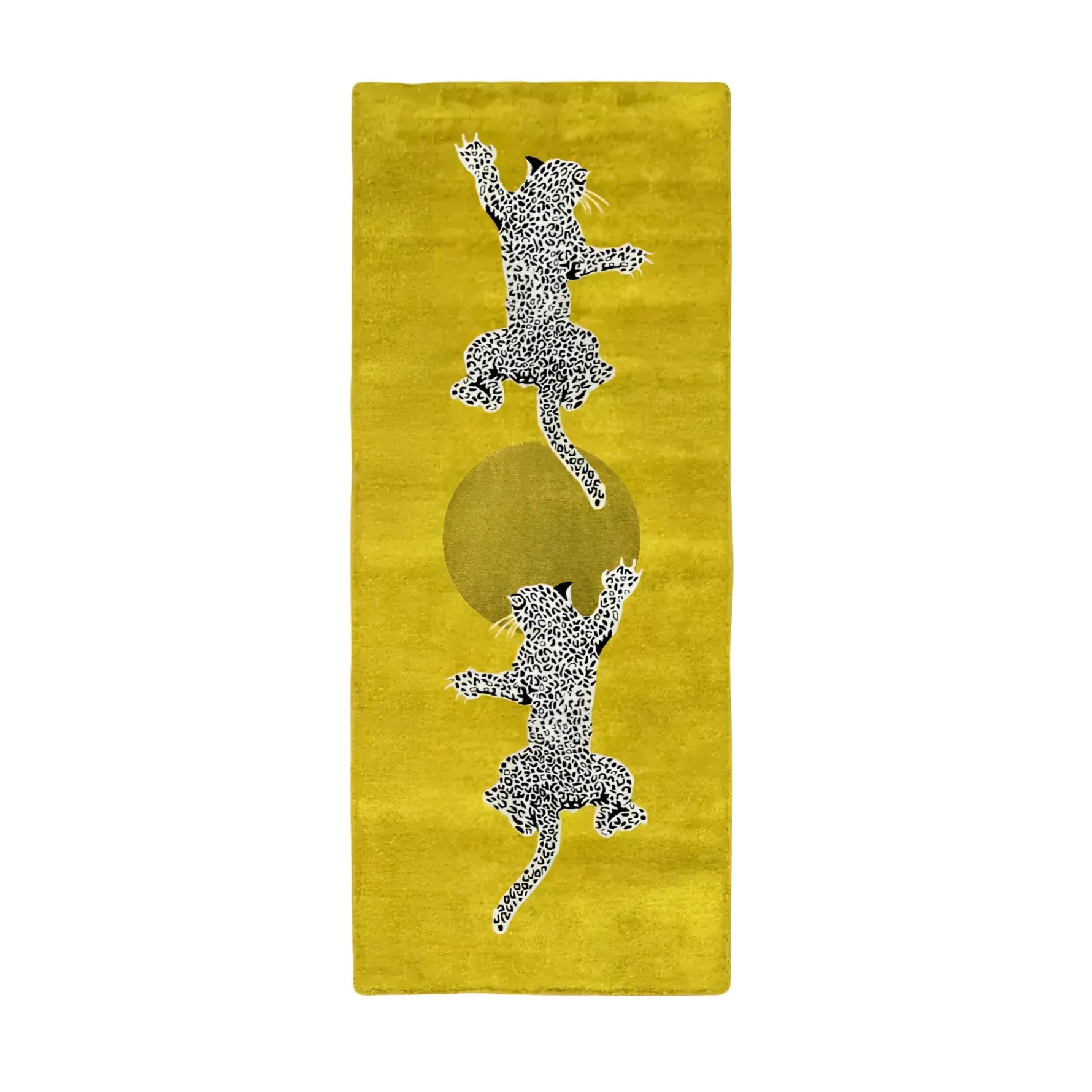 Hand-tufted wool rug runner showcasing a vibrant yellow background with two intricately designed leopards. Ideal for use as a hallway runner rug or as a decorative piece in living rooms, kitchens, and bathrooms. This large area rug adds a touch of elegance to any space, enhancing the decor with its striking design.