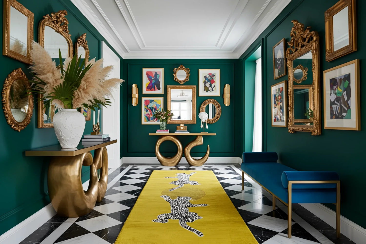 Decorative interior with green walls, gold mirrors, and a yellow rug.