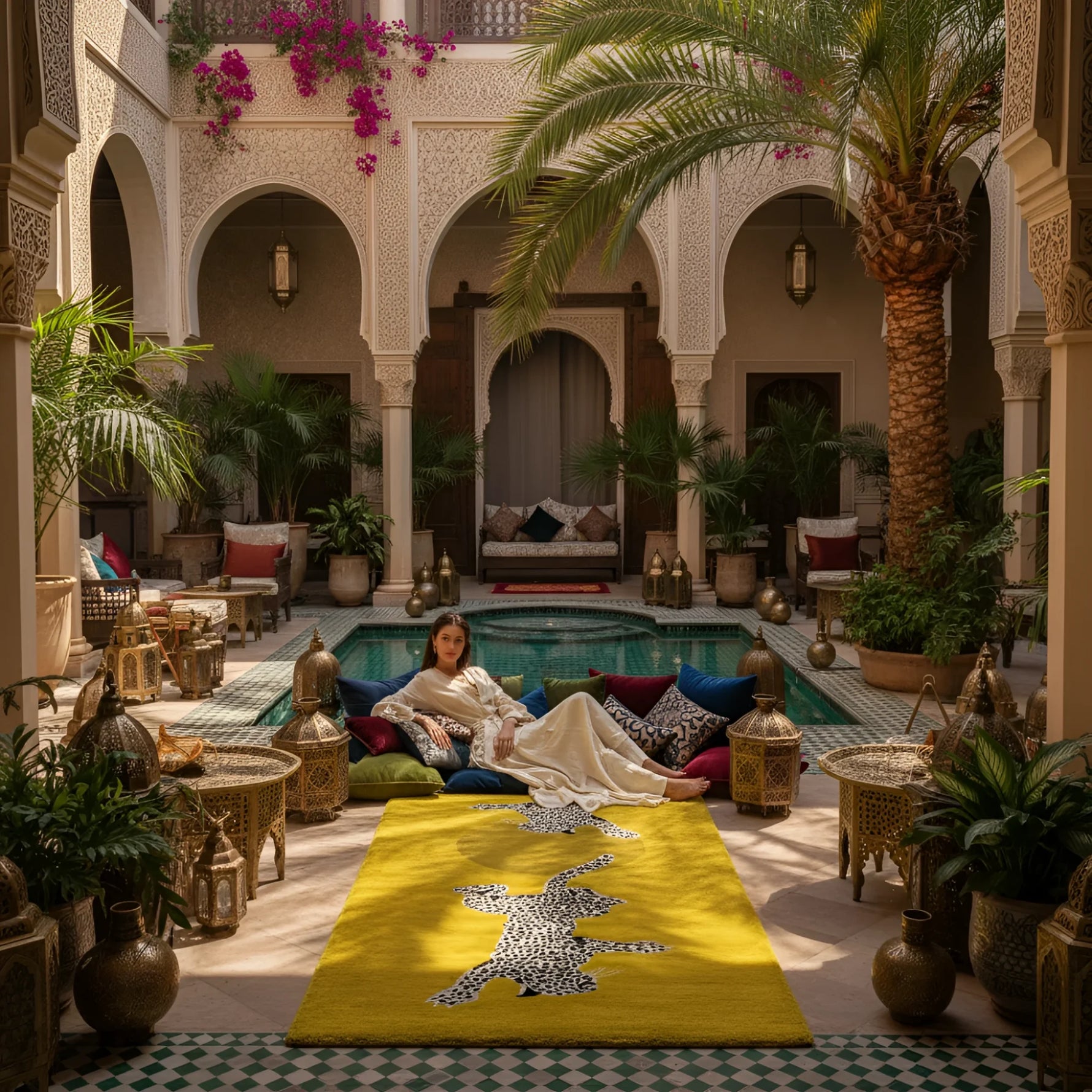 Woman sitting on a colorful rug in a luxurious courtyard with a pool and palm trees.