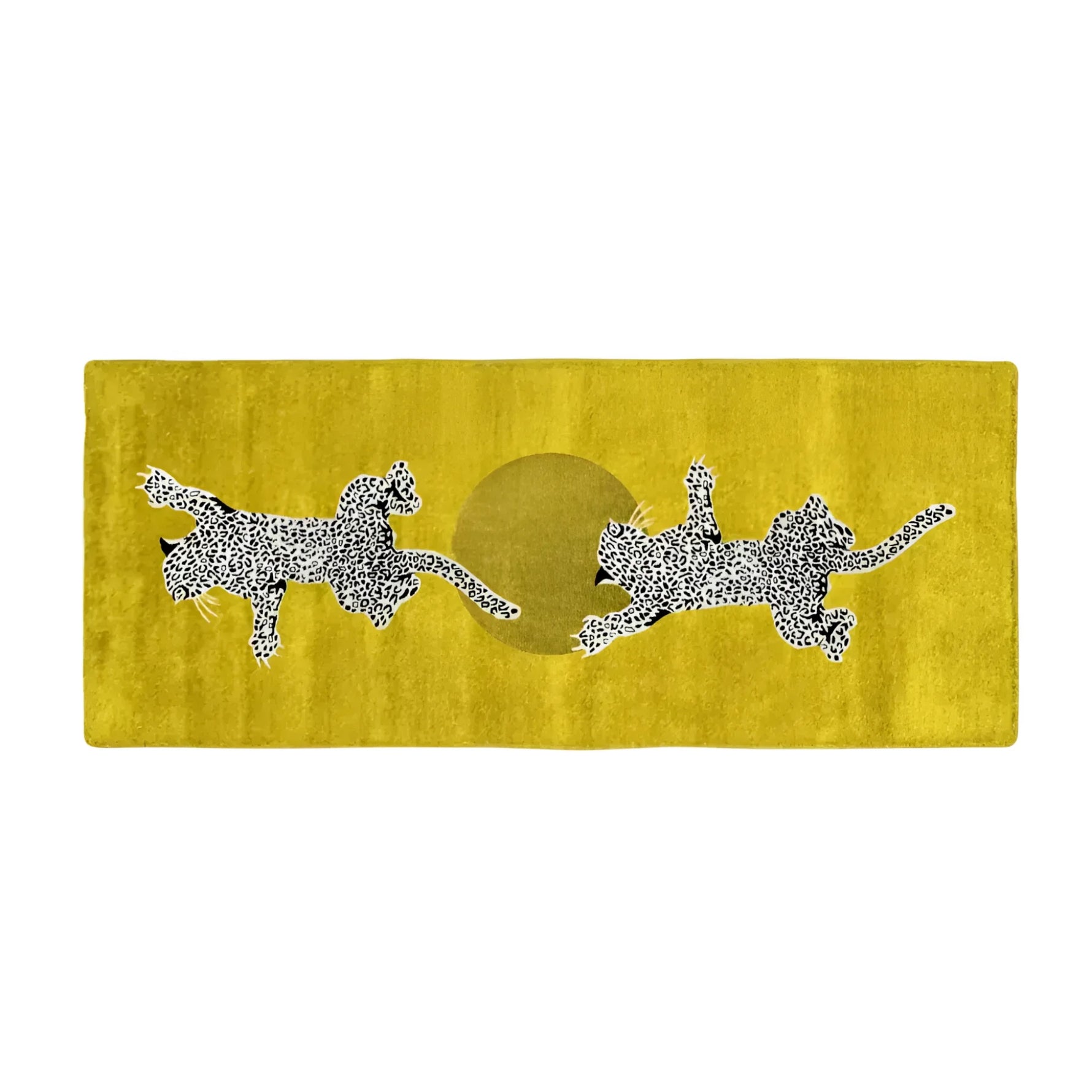 Vibrant hand tufted wool rug featuring playful leopards against a warm yellow background, perfect for adding a touch of wild elegance to your living room or as a stylish hallway runner rug.