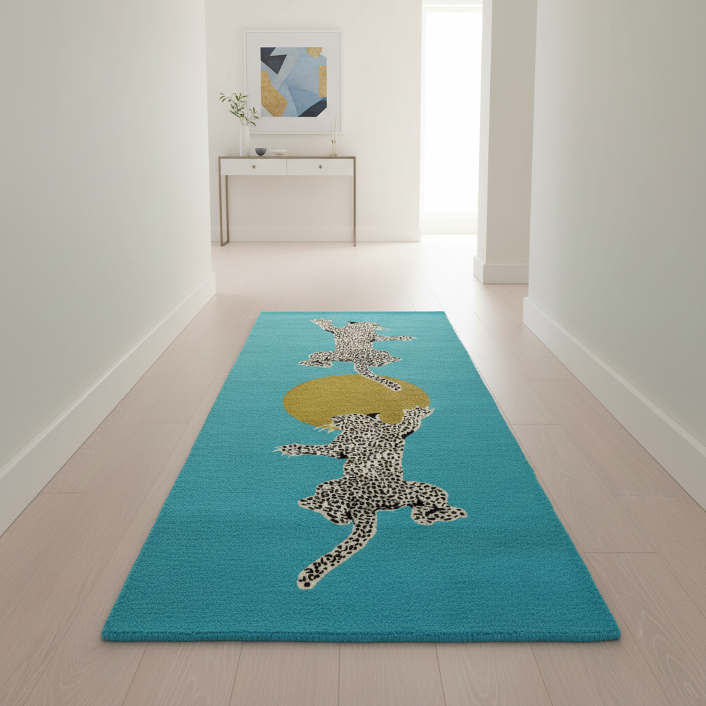 Blue rug with a leopard print design on a light wood floor.