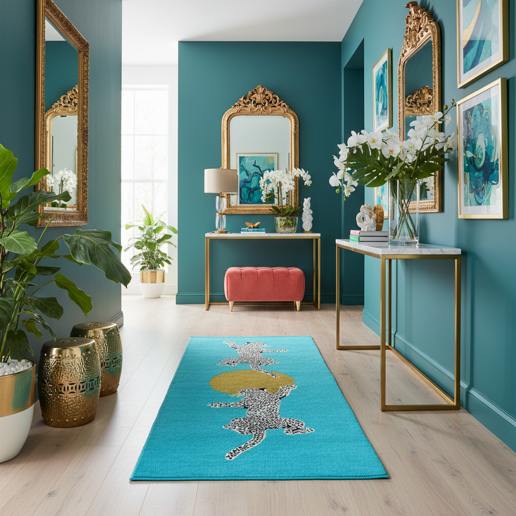 Leopards on Silky Road Hand Tufted Wool Rug Runner - Blue