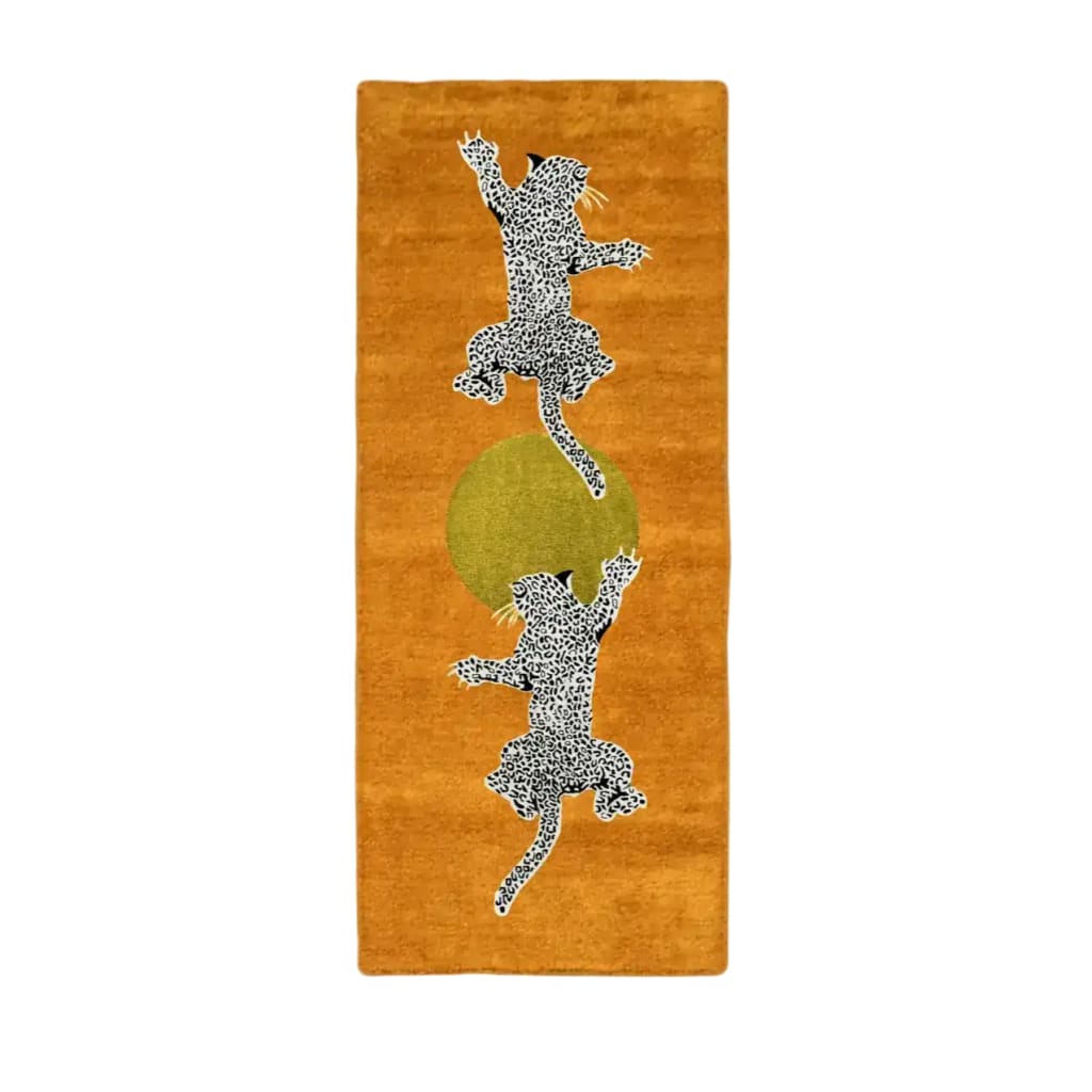 Leopards on Silky Road Hand Tufted Wool Rug Runner - Orange