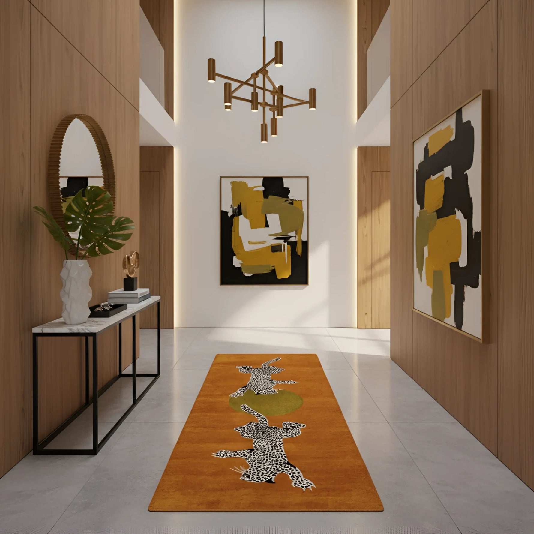 Modern hallway with orange runner rug, abstract art, and decorative elements.