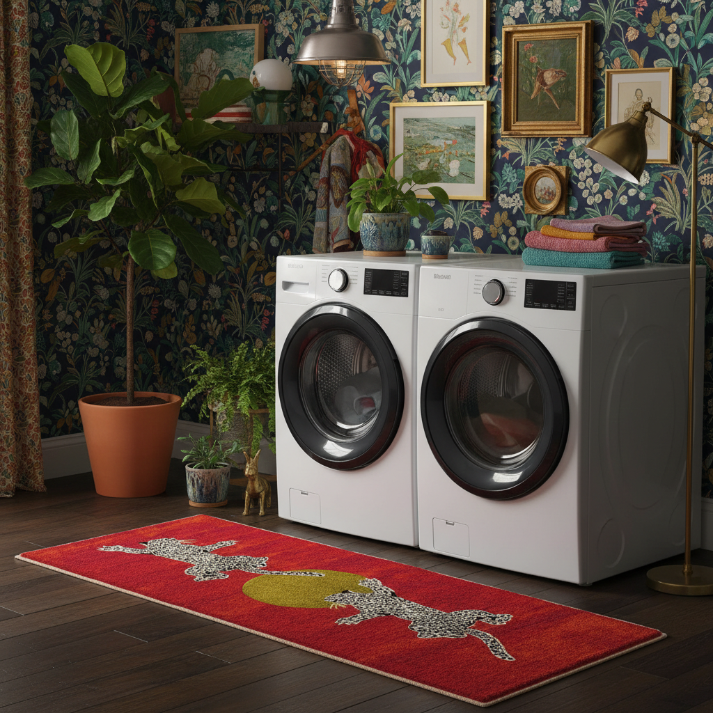 White washing machine and dryer in a room with decorative wallpaper and plants.