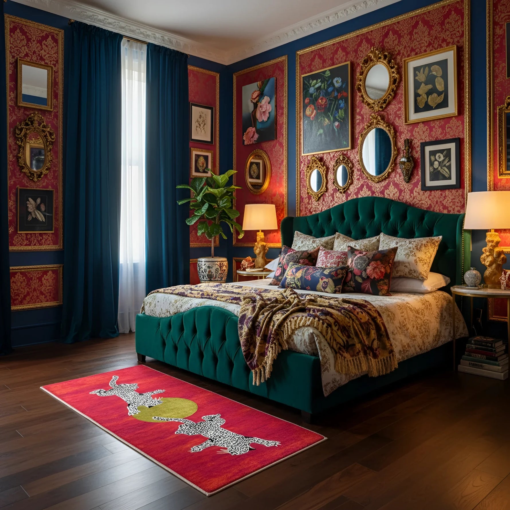 Decorative bedroom with colorful walls, a green bed, and various art pieces.