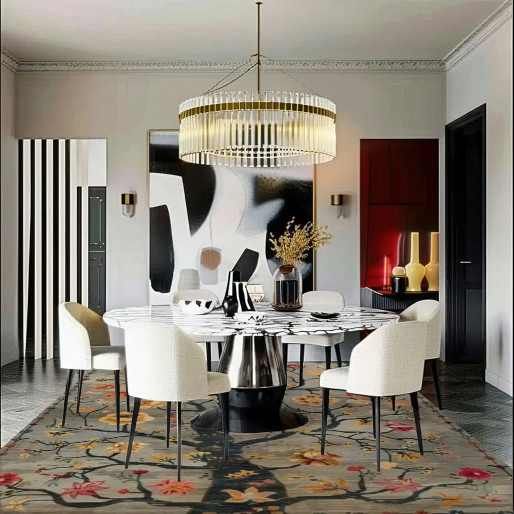 A stylish living room showcasing a 'Life’s Embrace Tapestry Hand Knotted Area Rug' with intricate floral patterns, perfect as a vintage rug for a sophisticated touch. This Persian-inspired area rug adds elegance to any living room setting, enhancing the decor with its exquisite design.