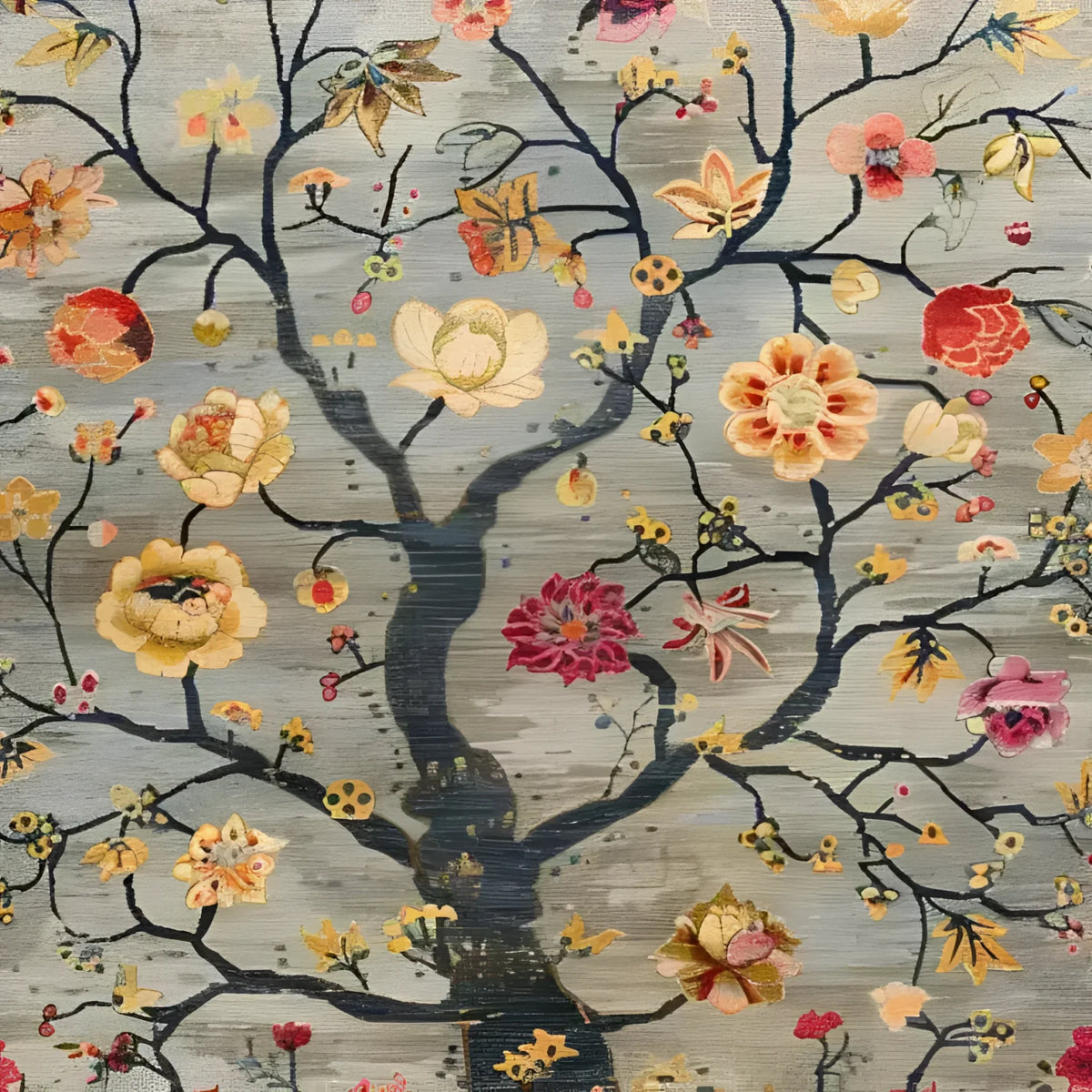 A beautifully hand-knotted area rug featuring an intricate floral design with vibrant blooms and branches on a muted background, perfect for adding a vintage touch to any living room. This Persian-style rug seamlessly blends elegance and charm, making it an ideal choice for those looking for unique rugs for their living space.