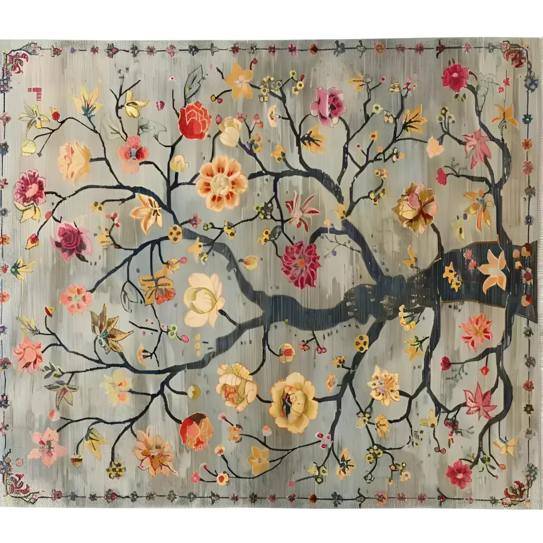 Stunning Life’s Embrace Tapestry Hand Knotted Area Rug featuring a beautiful floral design with vibrant flowers and intricate branches against a vintage-style background. Perfect for adding elegance to any living room space, this Persian-inspired rug is an ideal choice for those seeking exquisite area rugs for living room decor.