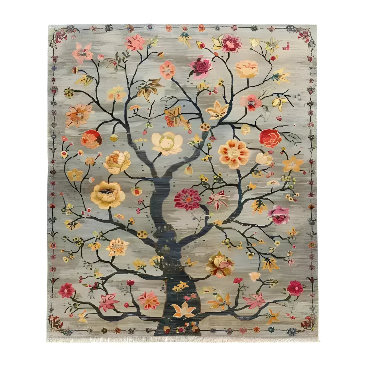 The Life’s Embrace Tapestry Hand Knotted Area Rug showcases an intricate floral design with vibrant blooms on a vintage-inspired background. Perfect for adding a touch of elegance to any living room, this Persian-style rug combines artistry with functionality, making it a standout piece among area rugs for living rooms.